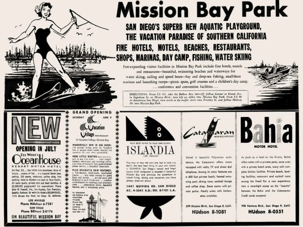 Vintage Mission Bay Park poster ad: waterfront, surfing figures, boats, and ads for hotels, beaches, and amusements. Ends with period.