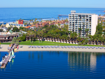 Aerial view of a tropical resort: blue ocean, sandy beach with lounge chairs, palm trees, a pier, and a tall white hotel by the water, sunny day.