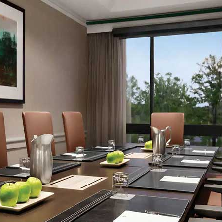 A modern conference room with a long table, brown leather chairs, placemats, and a window view of trees; apples on the table add a fresh touch.