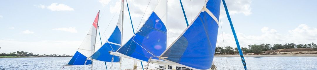 A docked sailboat fleet with blue and white sails sits on calm water under a bright sky.