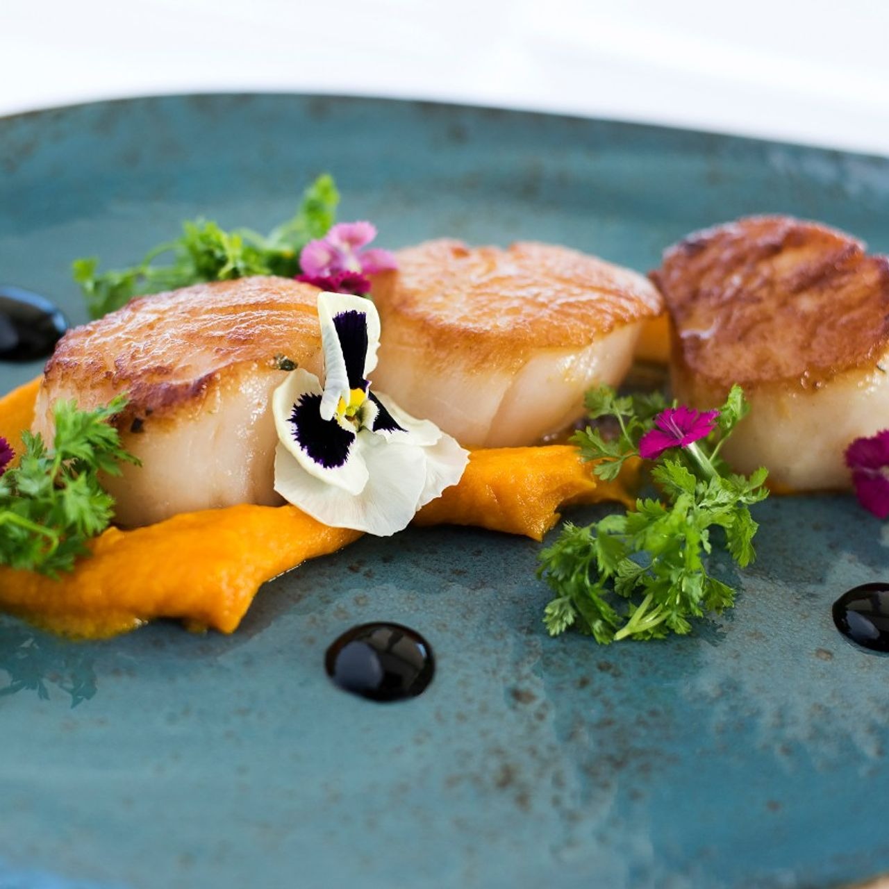 Seared scallops with orange purée, microgreens, edible flowers, and a drizzle of balsamic glaze on a blue plate.