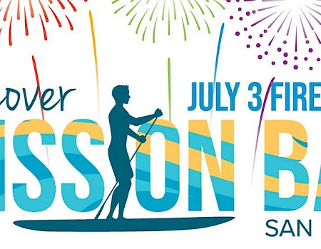 Missi on Bay fireworks promo: Discover Mission Bay July 3, San Diego, with fireworks over the water.