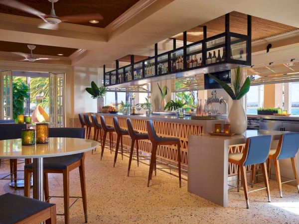 A stylish, sunlit restaurant/bar with a long communal counter, hanging shelves, pastel chairs, potted plants, and open outdoor vibes, inviting and chic.